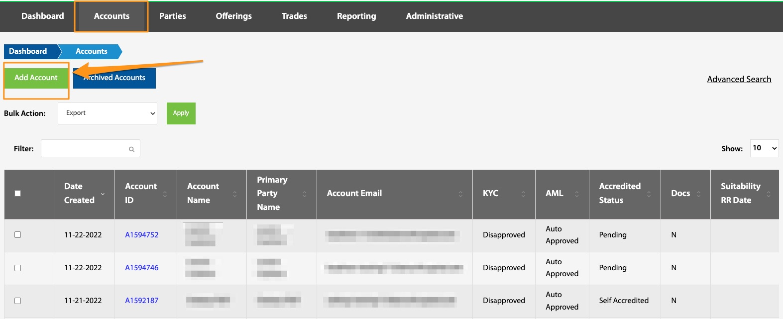 Accounts table with an arrow pointing to the Add Account button