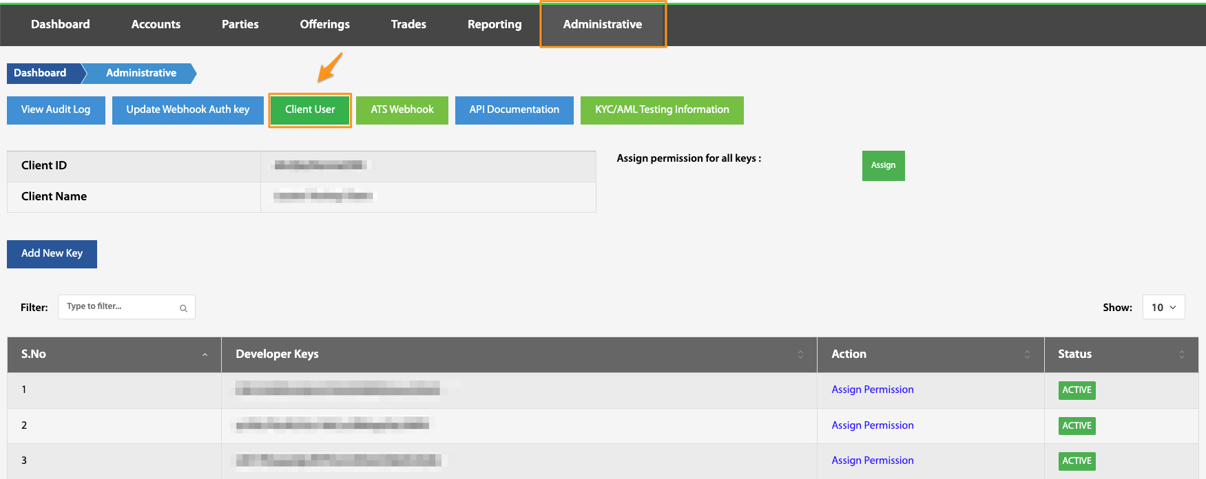 Administrative page with Client User highlighted, showing a client's developer keys and Assign Permission actions