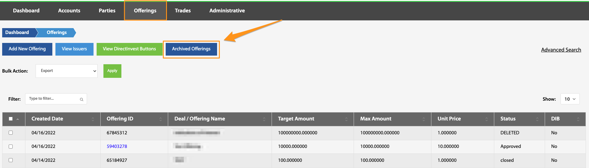 Offerings landing page with the Archived Offerings button highlighted