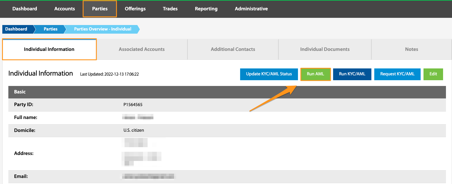 Individual Information tab with Run AML button highlighted
