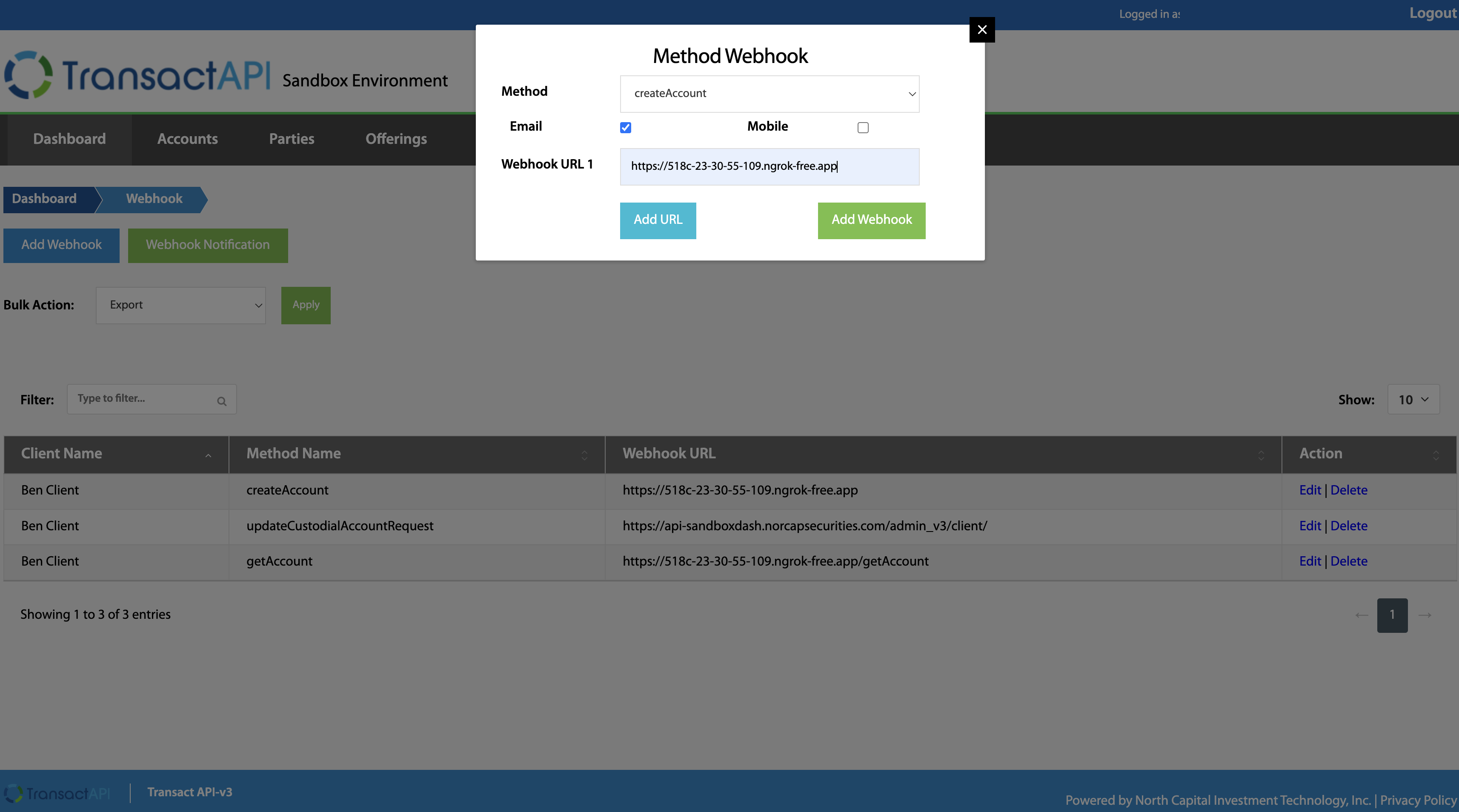 Add Webhook popup with a method and webhook URL