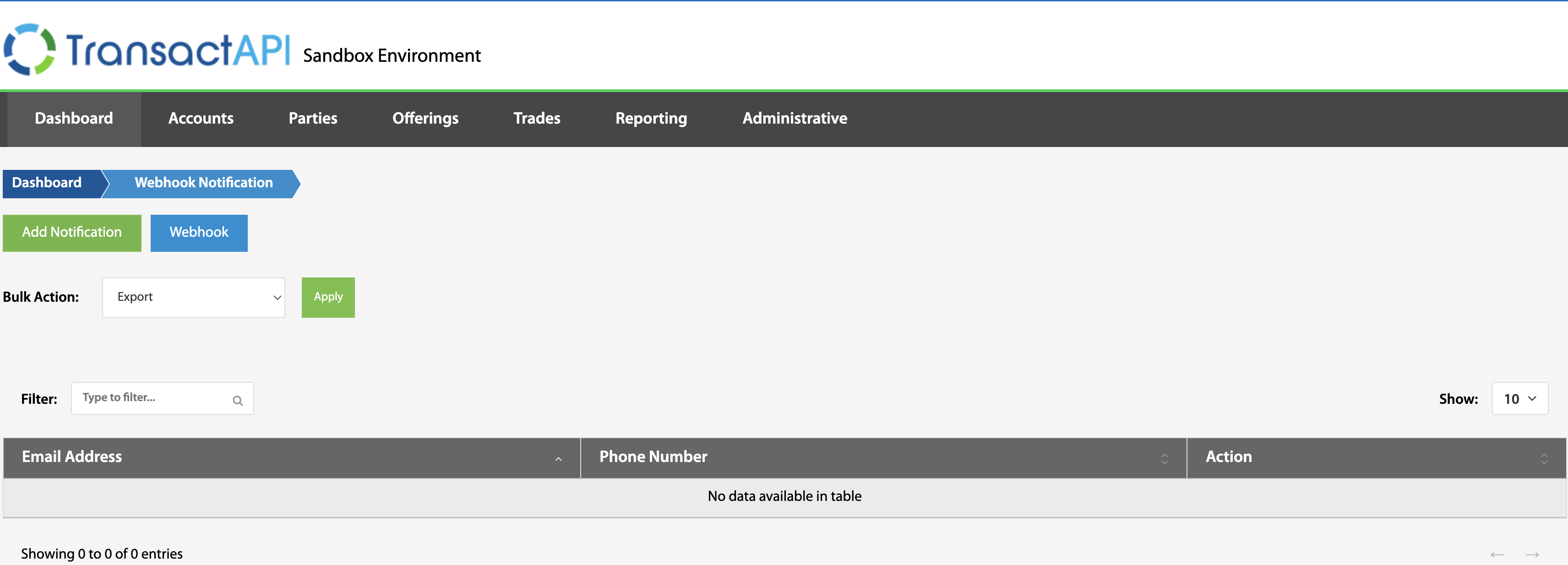 Webhook Notification page with the Add Notification button